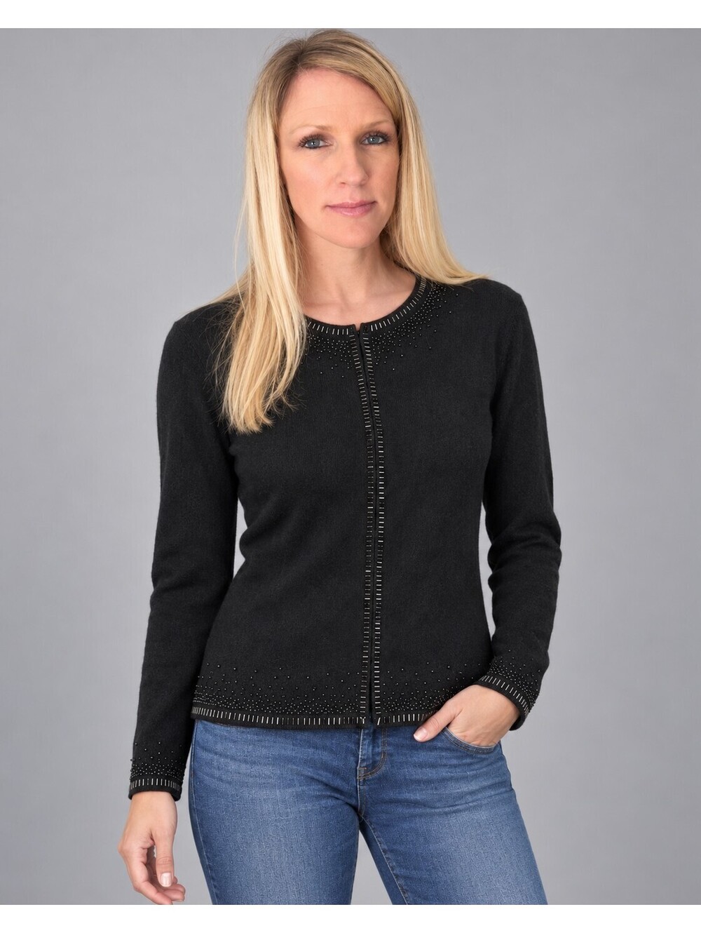 Vintage Valerie Stevens Womens M Black 100% Cashmere Beaded Cardigan Flaw